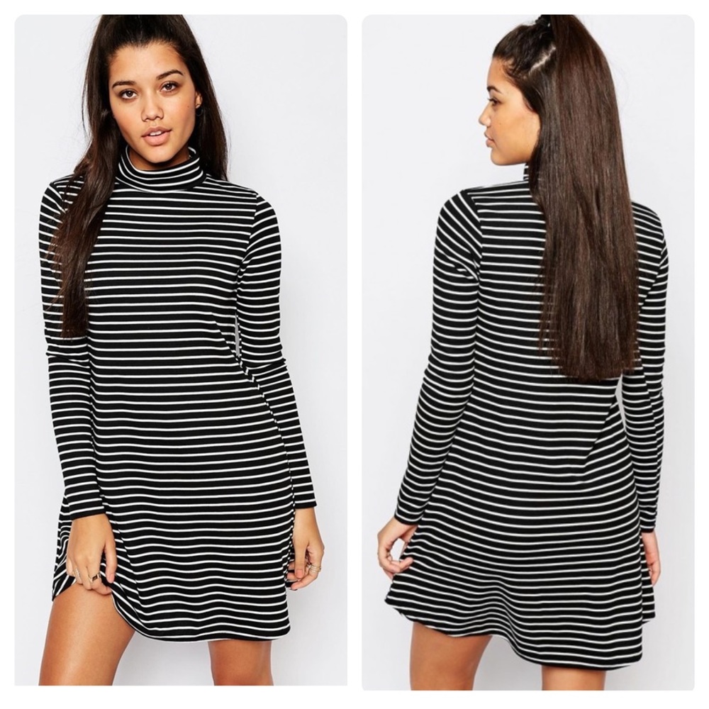 MISSGUIDED LONG SLEEVE Black STRIPE SWING DRESS S
